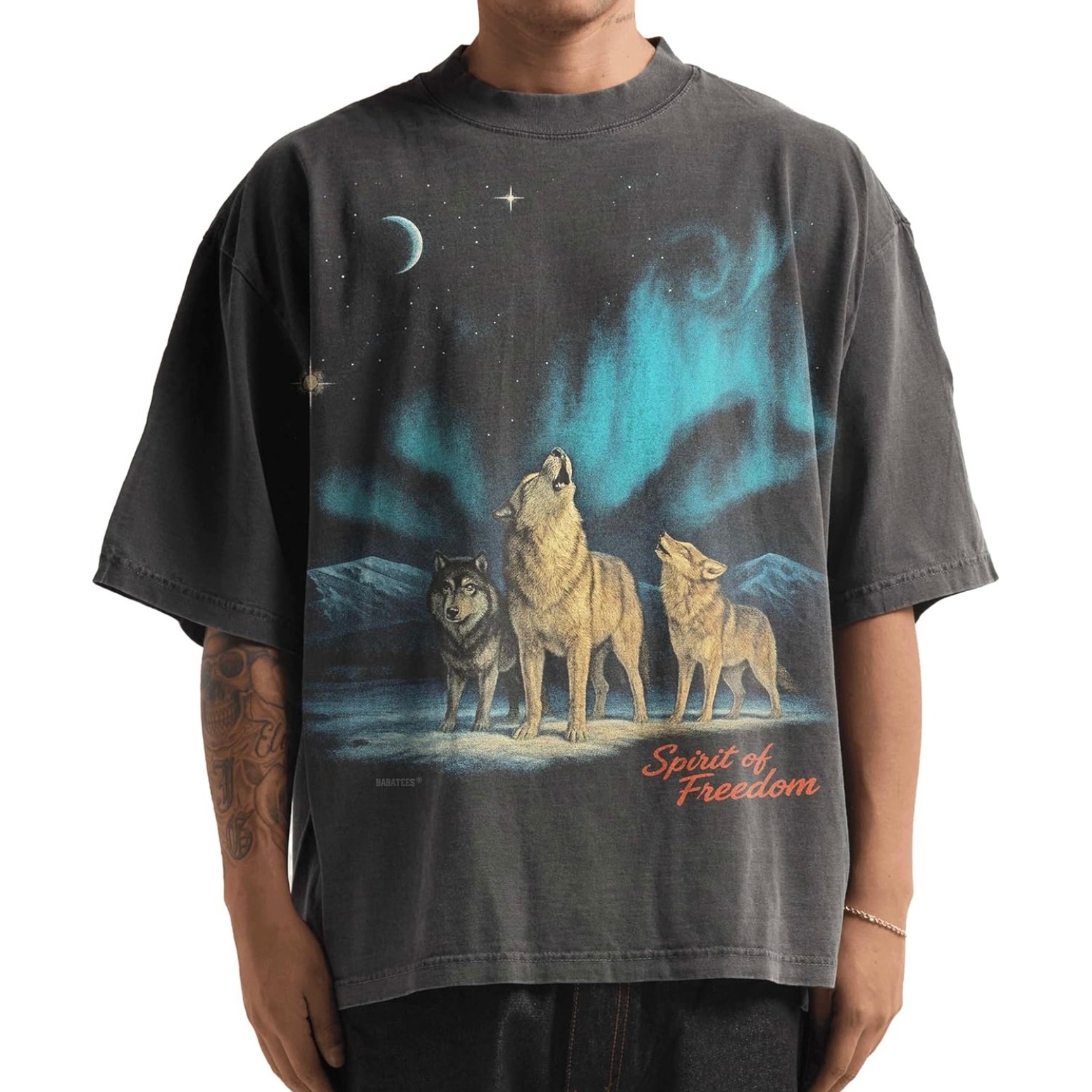 Wolf Graphic T Shirt Mens Washed Cotton Heavyweight Oversized Tee